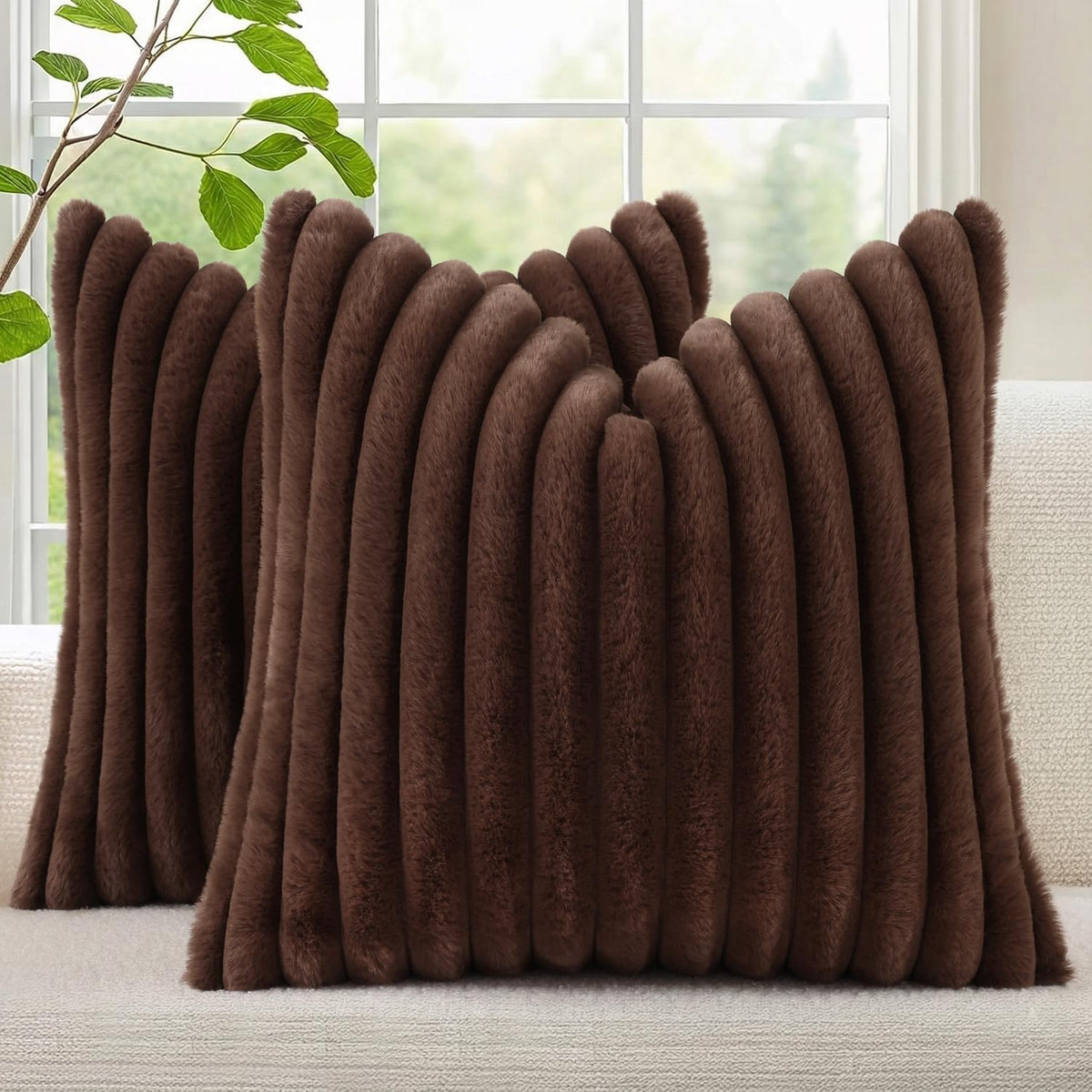 decorUhome Fall Faux Fur Throw Pillow Covers 18x18 Set of 2 Brown White