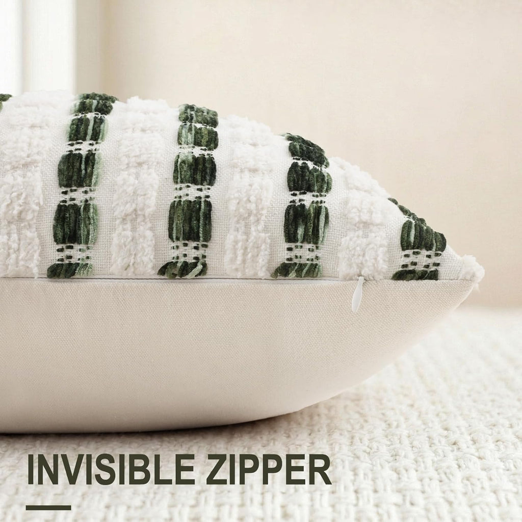 decorUhome Chenille Tufted Stripe Throw Pillow Covers 18x18 Set of 2 Green