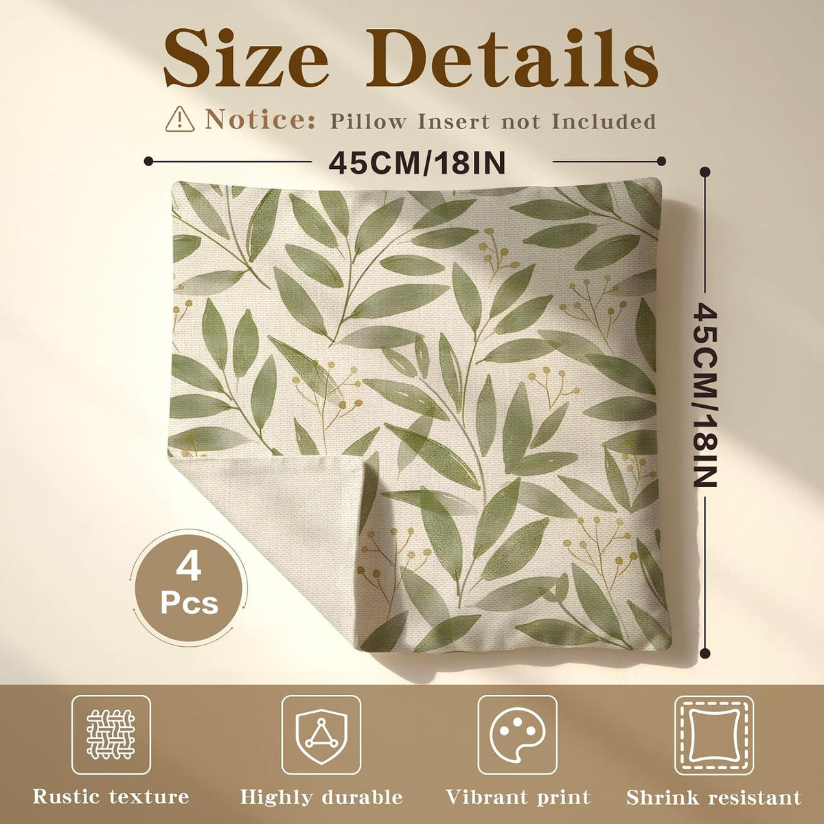 Sage Green Leaves Pillow Covers 18x18 Inch Botanical Cushion Cover Set of 4