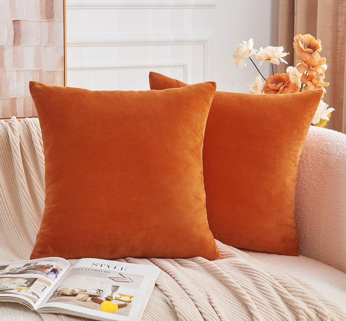 Throw Pillow Covers Rust Set of 2 18x18 Inch Pillow Covers, Soft Velvet Fall Decorative Cases for Couch Sofa Bed, Home Boho Decor, Modern Farmhouse Cushion Covers