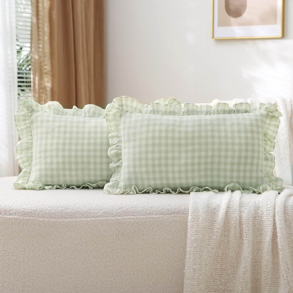 2 Pack Taupe White Gingham Ruffle Throw Pillow Covers 18''x18''