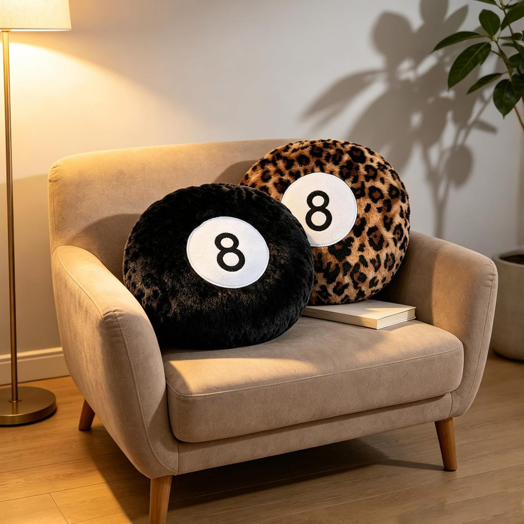 2 Packs Black and Cheetah 8 Ball Throw Pillow, Round Plush Throw Pillows, Soft Plush Surface, Round Billiard Ball Shape, Black & Leopard Print, for Dorm, Gaming Room Home Decor and Daily Back Support