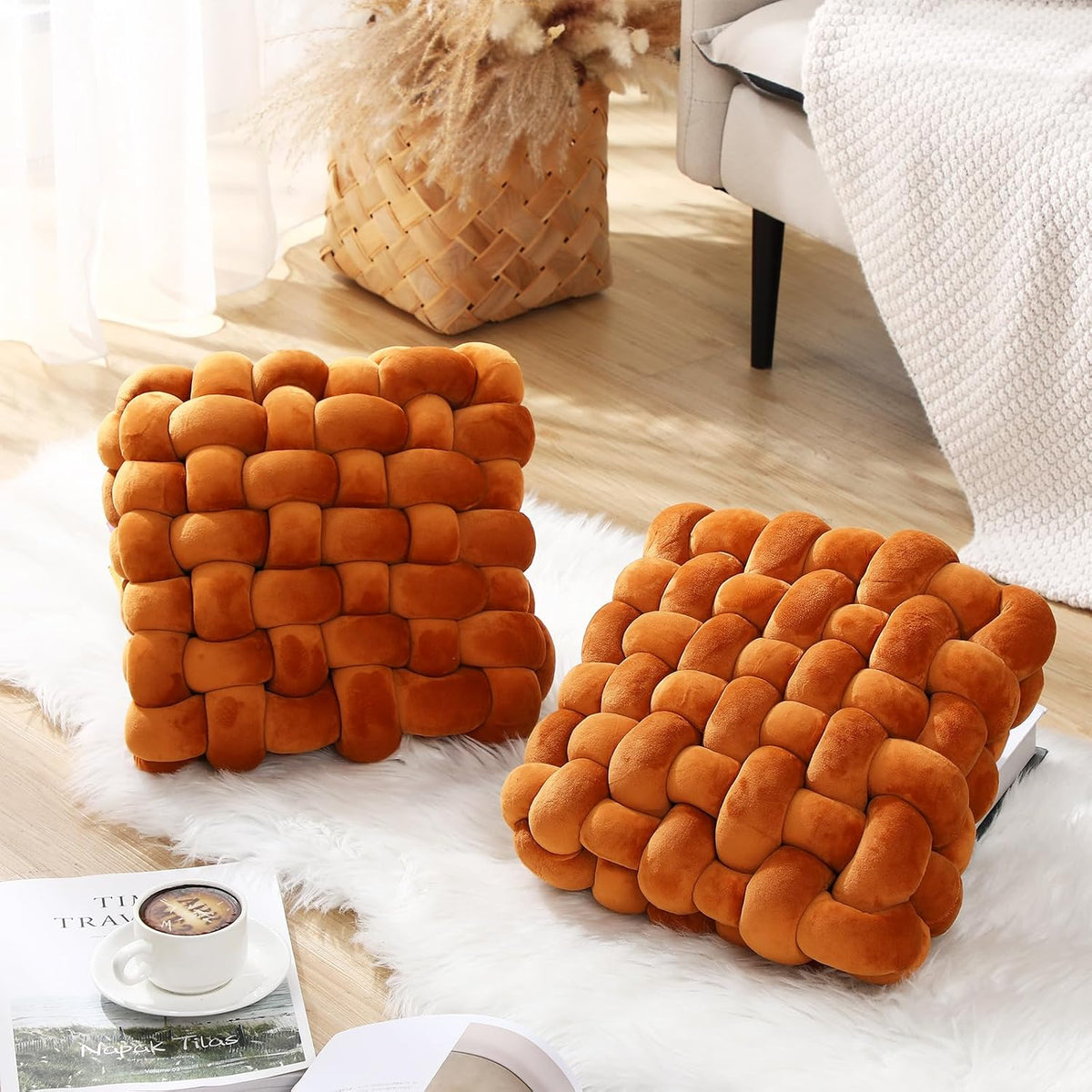 Wenqik 2 Pcs Knot Pillows Square Throw Pillow, Caramel, Crystal Velvet
