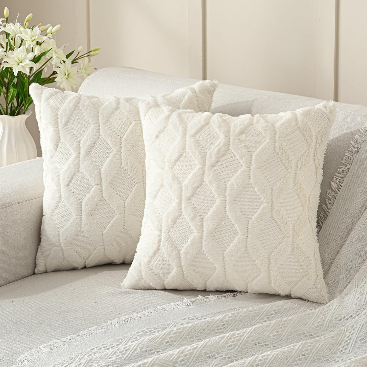 Volcanics Pack of 2 Faux Wool Light Brown Throw Pillow Covers 20x20 Inch