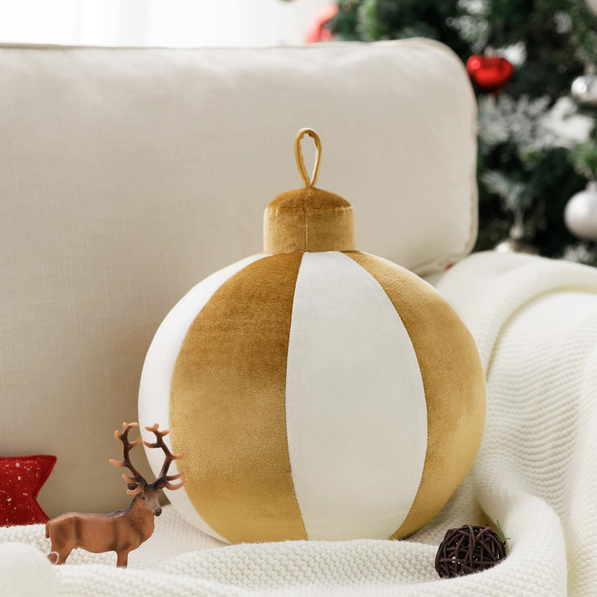 Ashler Merry Christmas Bell-Shaped Pillow, 8.5x8.5 Inch Velvet Hangable Decorative Holiday Pillow for Xmas Tree, Couch, Living Room, Bed, Pink