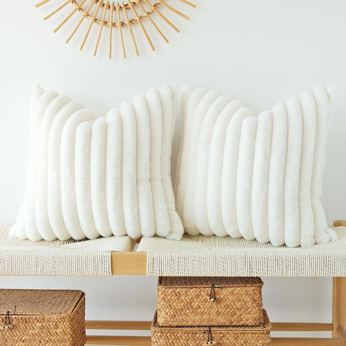 JOJUSIS Faux Fur Plush Throw Pillow Covers, Beige, 24 x 24-Inch