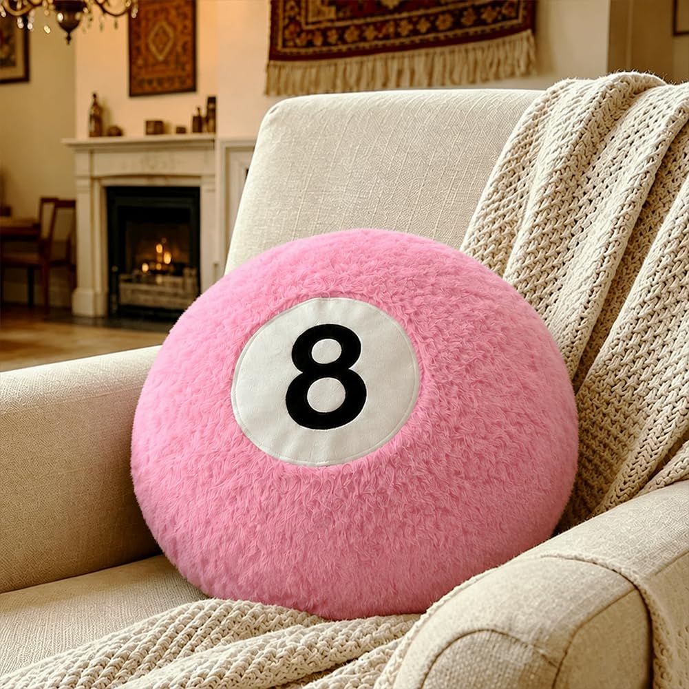 Black 8 Ball Pillow,14 inch 8 Ball Throw Pillow Soft Faux Fur Round Decorative Cushion Hugging Pillow for Home Bed, Sofa, Couch, Bedroom & Living Room