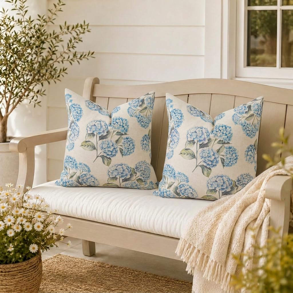 GEEORY Hydrangea Floral Throw Pillow Covers Set of 2, 18x18, Blue