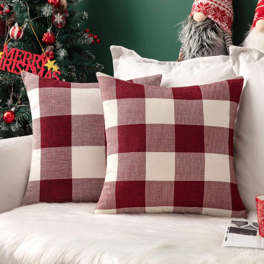 MIULEE Christmas Plaid Pillow Covers 18x18 White and Red Pack of 2