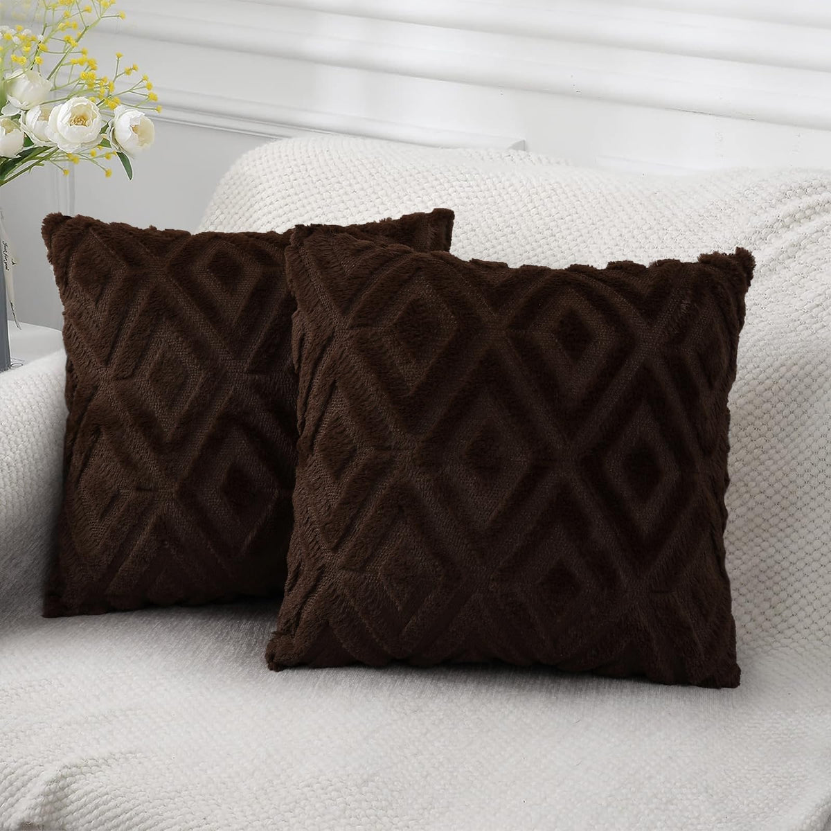 Pallene Fall Cream White Faux Fur Throw Pillow Covers 18x18 Set of 2