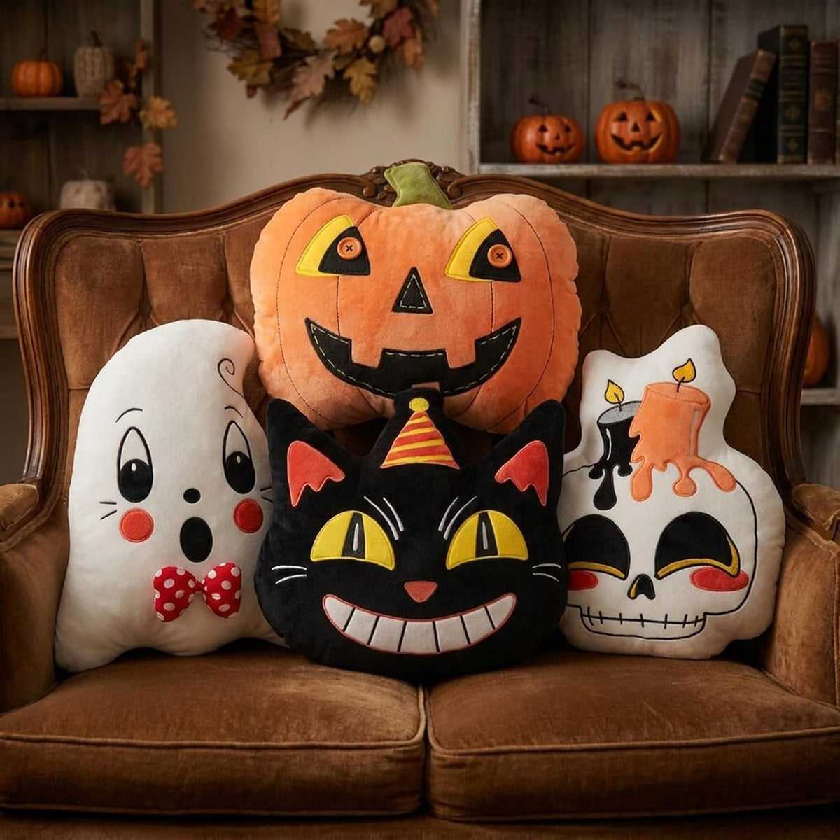 4Pcs Halloween Pillows Skeleton Ghost Black Cat Vintage Retro Traditional 90S Primitive Mummy Throw Pillows Sofa Bedroom Indoor Home Decor