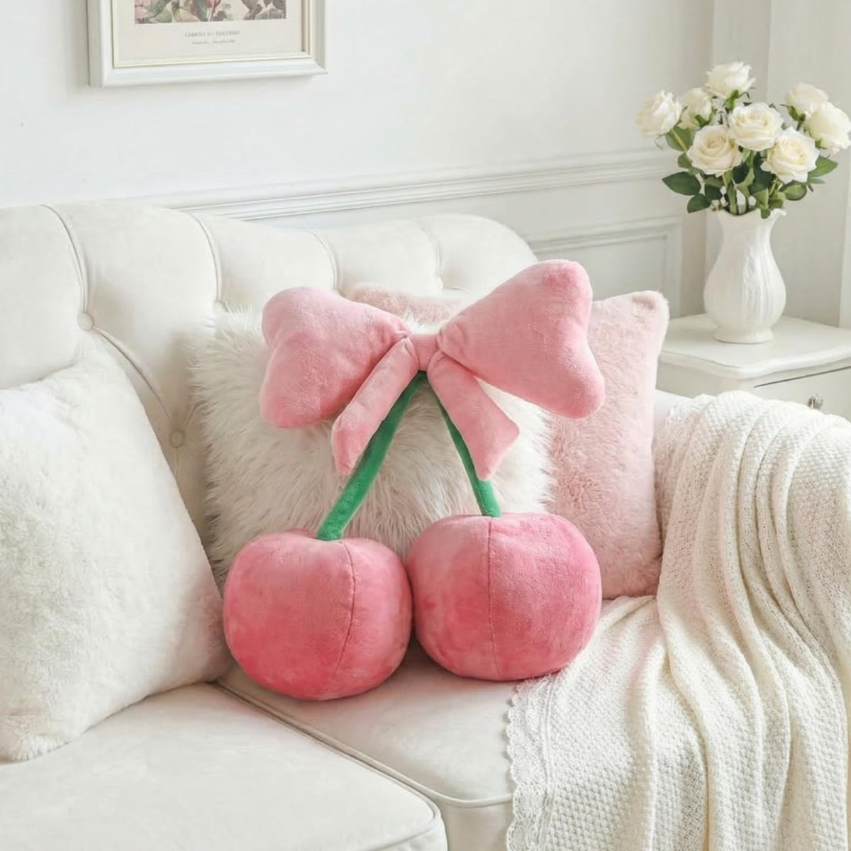 Beeveer Bow Cherry Throw Pillow Preppy Room Decor, Pink, Small