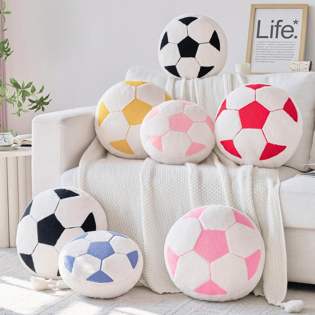 Soccer Pillow,12" Soccer Shaped Pillow Floor Cushion Seating Cushion with Faux Rabbit Fur,Round Soccer Throw Pillow Room Décor for Sofa Couch Living Room (Red)