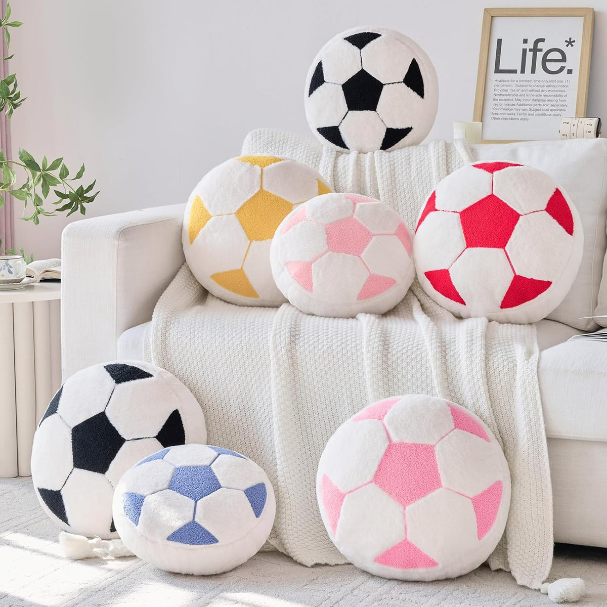 Soccer Pillow,12" Soccer Shaped Pillow Floor Cushion Seating Cushion with Faux Rabbit Fur,Round Soccer Throw Pillow Room Décor for Sofa Couch Living Room (Red)