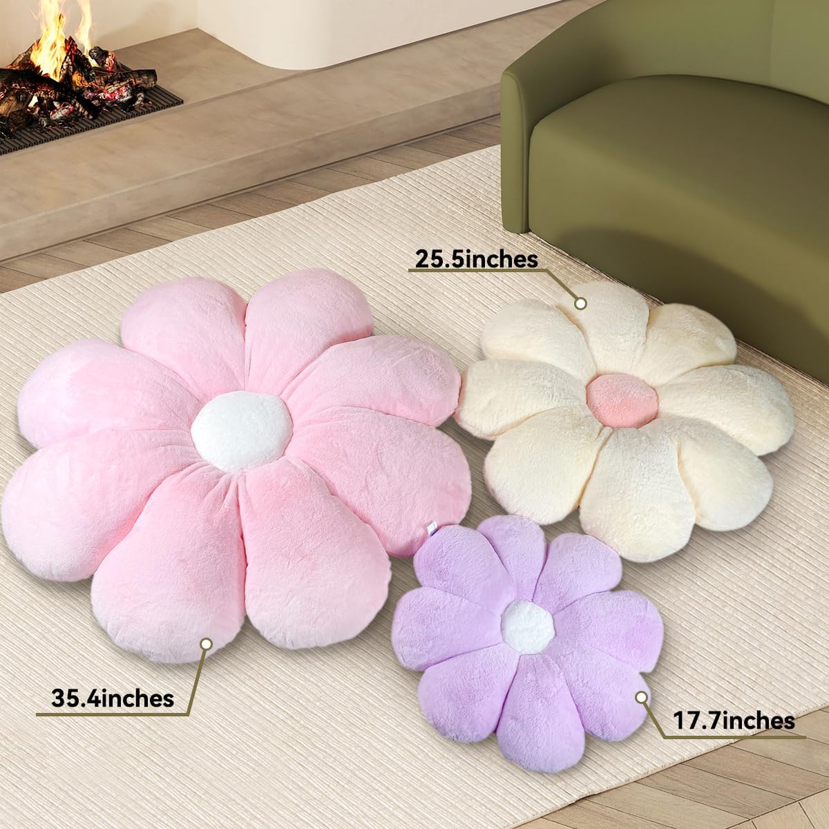 FIONOUT Beige Daisy Flower Pillow, Plush Throw Cushion, 17.7 Inch