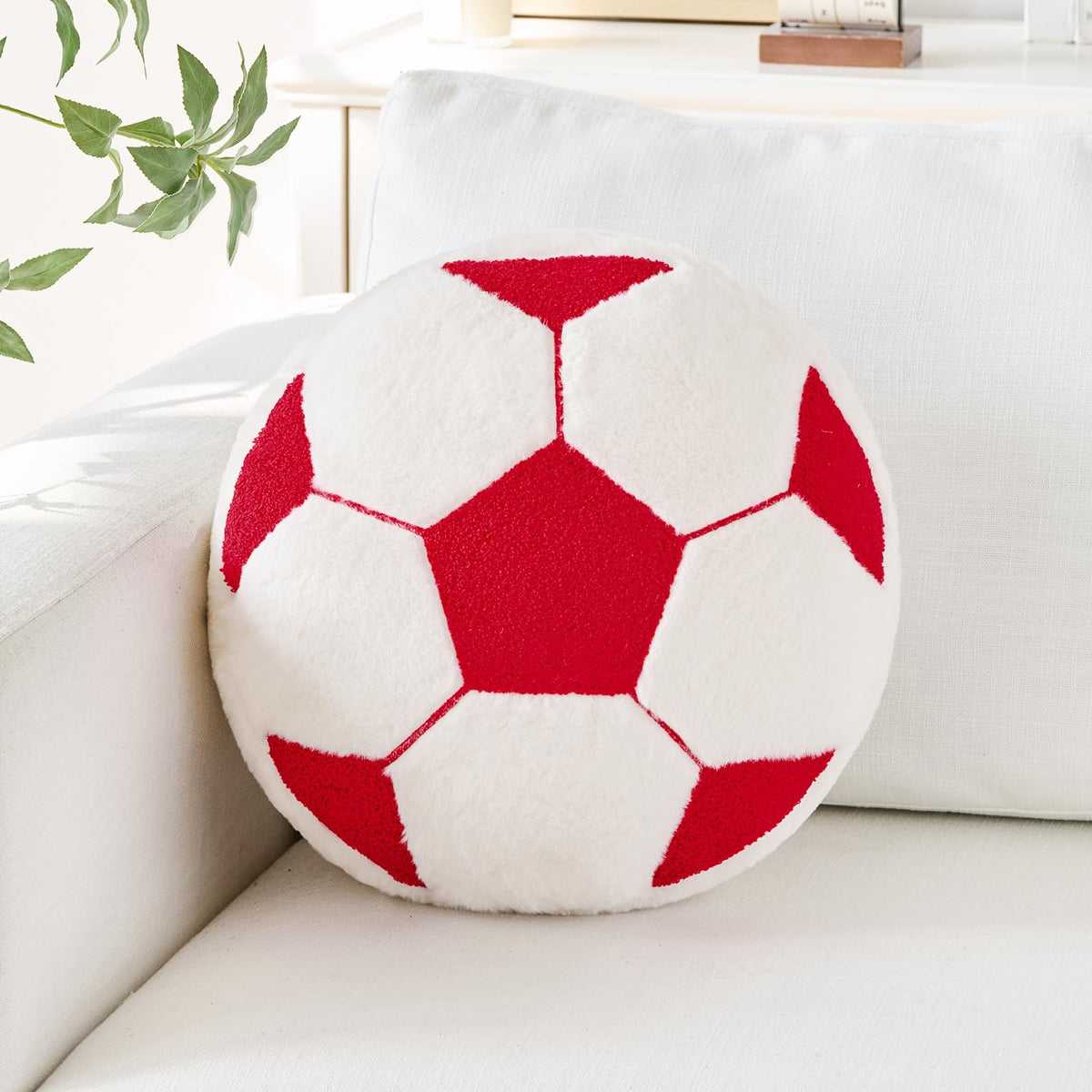 Soccer Pillow,12" Soccer Shaped Pillow Floor Cushion Seating Cushion with Faux Rabbit Fur,Round Soccer Throw Pillow Room Décor for Sofa Couch Living Room (Red)
