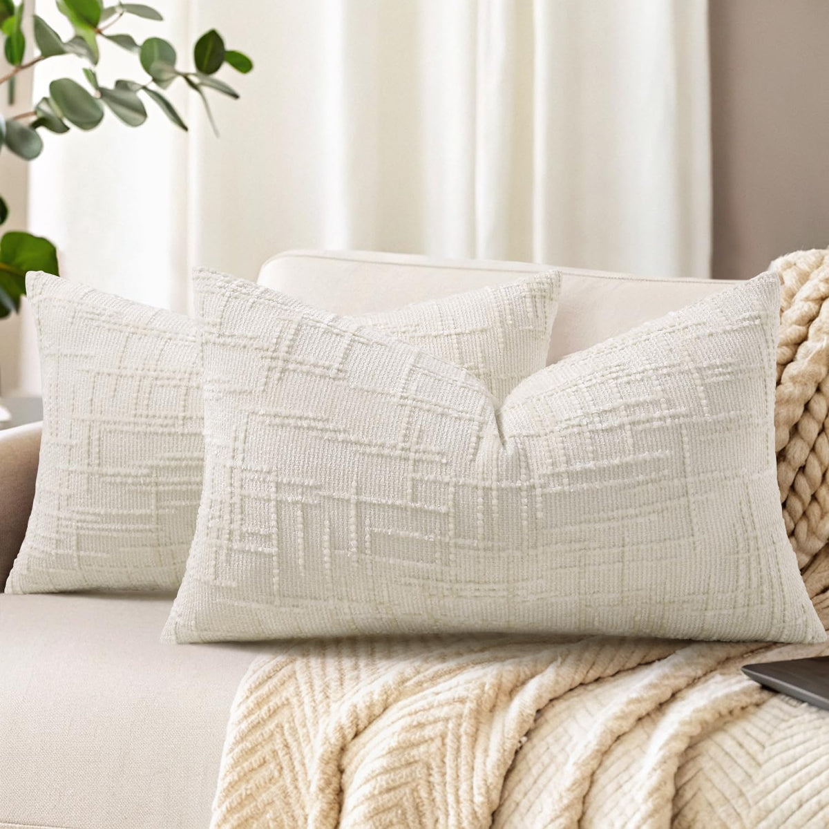 decorUhome Textured Chenille Throw Pillow Covers 18x18 Set of 2 Ivory