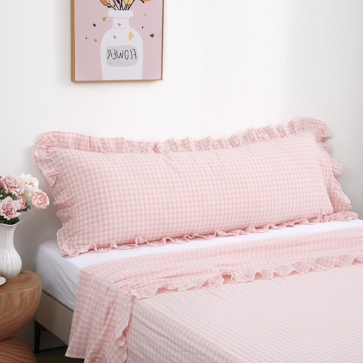 2 Pack Taupe White Gingham Ruffle Throw Pillow Covers 18''x18''