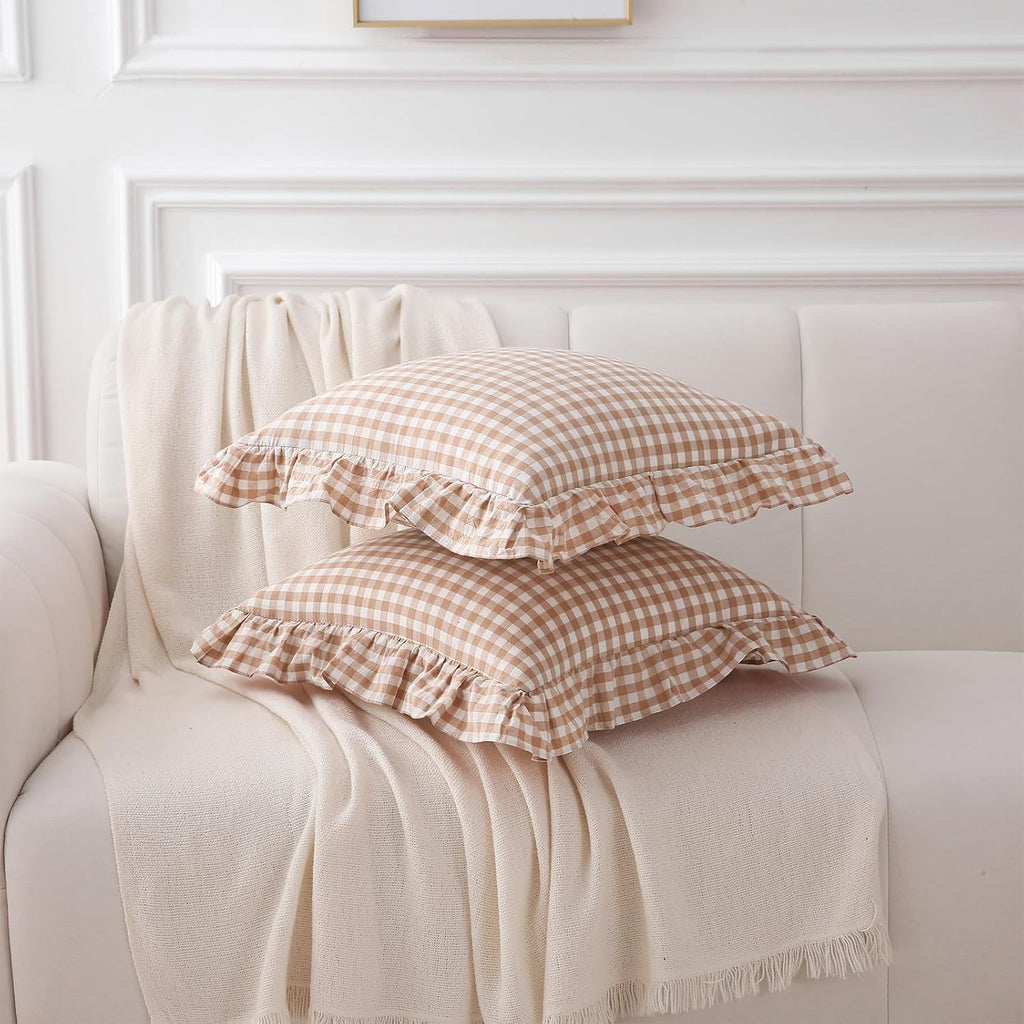 2 Pack Taupe White Gingham Ruffle Throw Pillow Covers 18''x18''