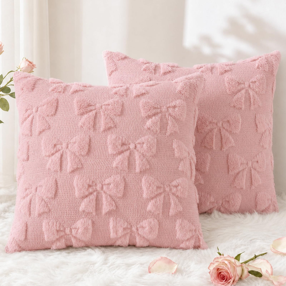 decorUhome Beige Bow Cute Girl Faux Fur Throw Pillow Covers 18x18 Set of 2