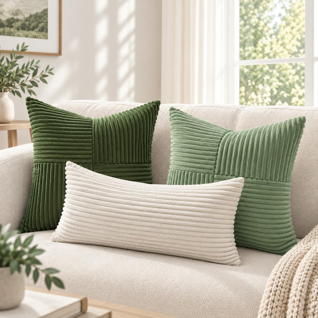 Topfinel SageGreen Throw Pillow Covers 18X18 Inch Set of 4,Boho Farmhouse Cozy Cushion Cover with Corduroy,Soft Accent Forest Green Pillow Covers for Couch,Bed,Living Room Home Decor