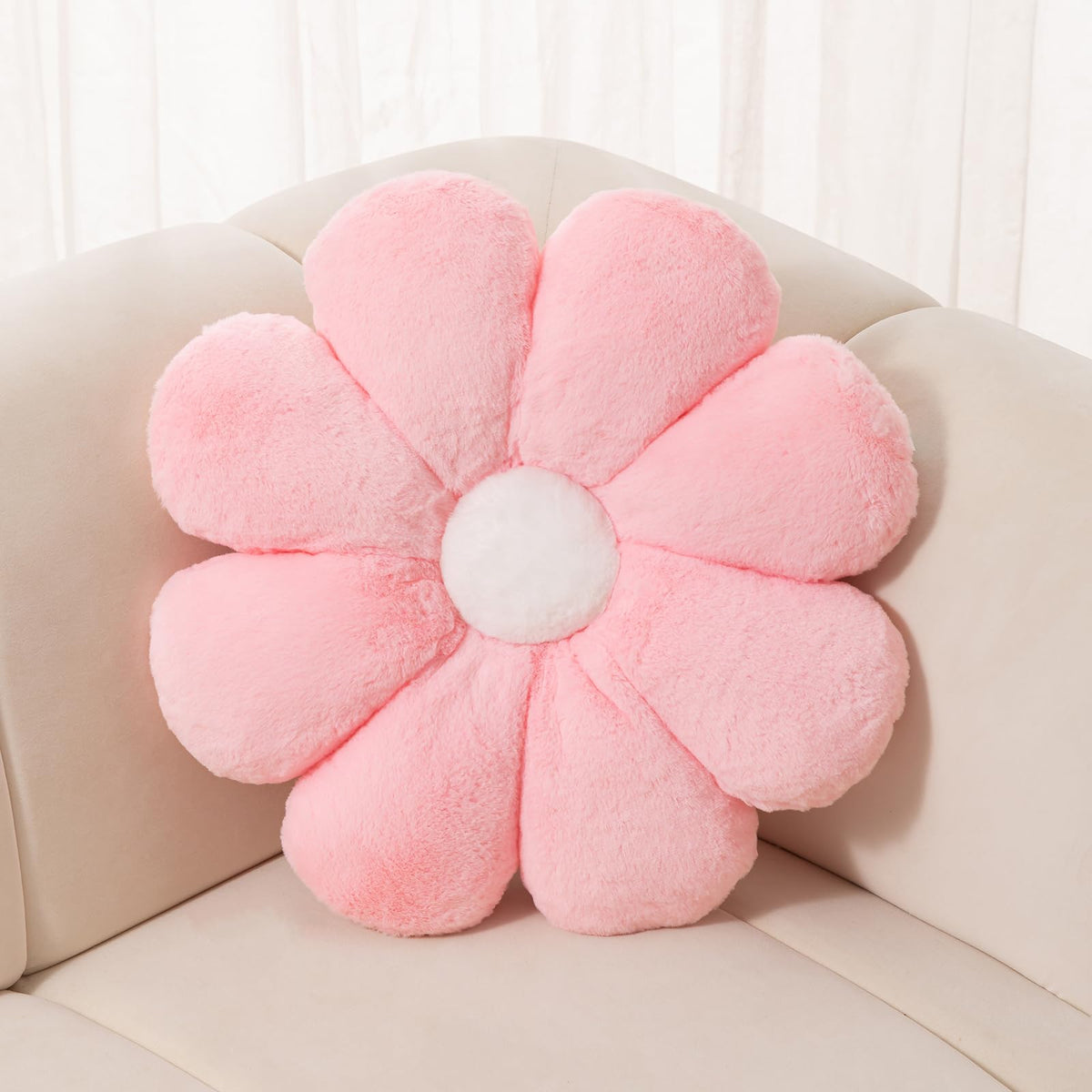 FIONOUT Beige Daisy Flower Pillow, Plush Throw Cushion, 17.7 Inch