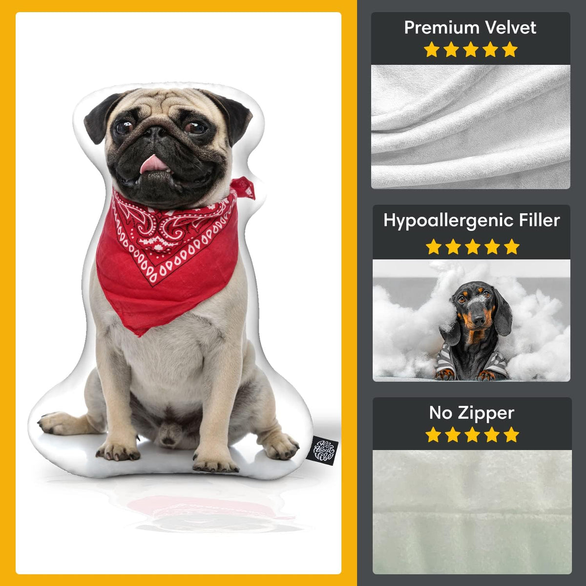 All About Vibe Custom Dog Pillow - Personalized Custom Shaped 3D Dog Throw Pillow, Best Gift for Dog & Pug Owners and Lovers! Made in USA - 16" Small