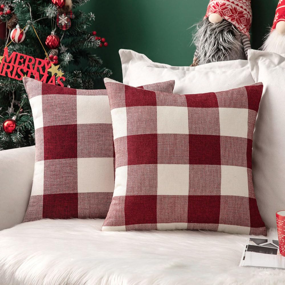 MIULEE Christmas Plaid Pillow Covers 18x18 White and Red Pack of 2