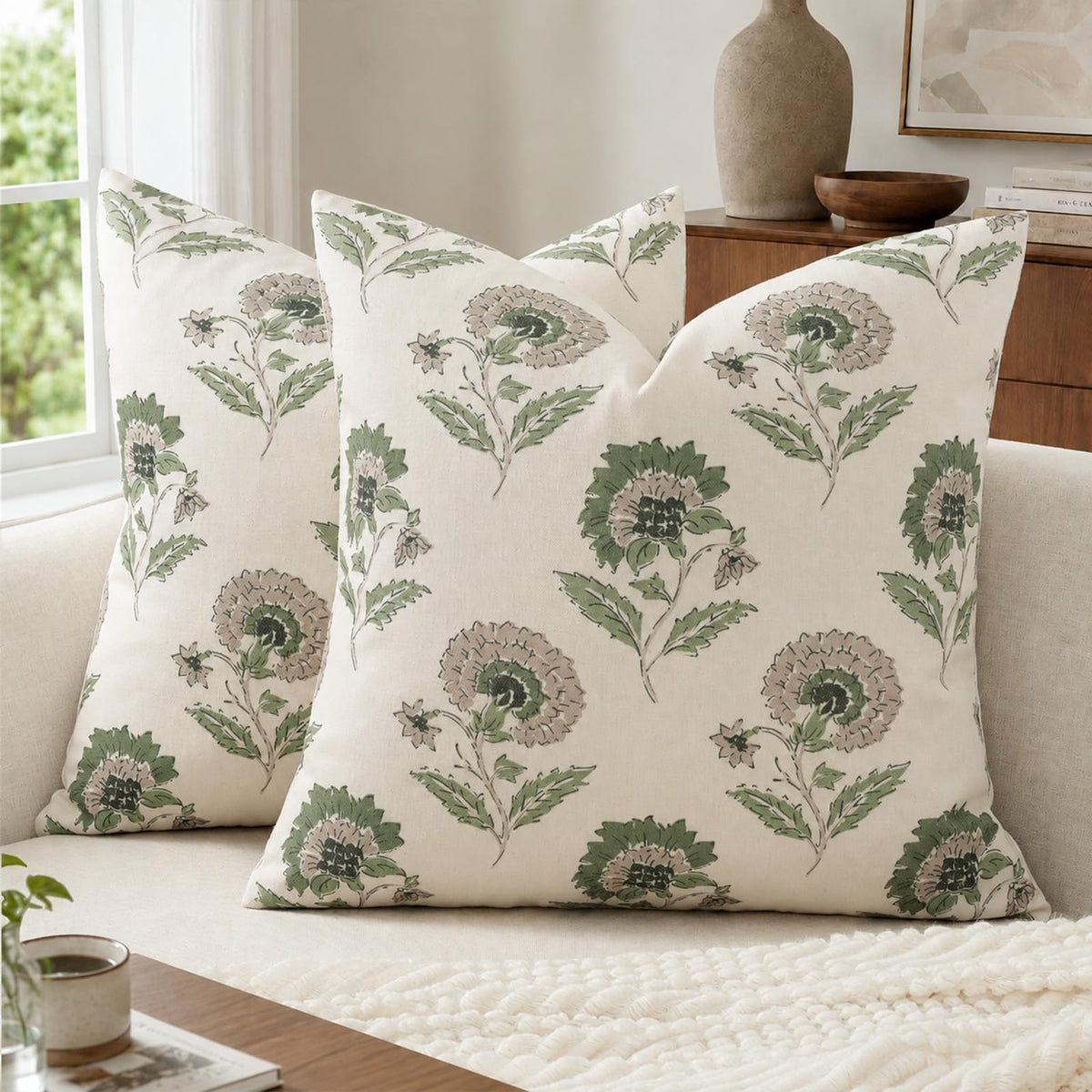 Vintage Throw Pillow Covers 20x20 Set of 2, Cotton Floral Pillow Cover Botanical Patterned Decorative Cushion Covers Modern Farmhouse Home Decor for Sofa Couch Bed Living Room, Blush Meadow