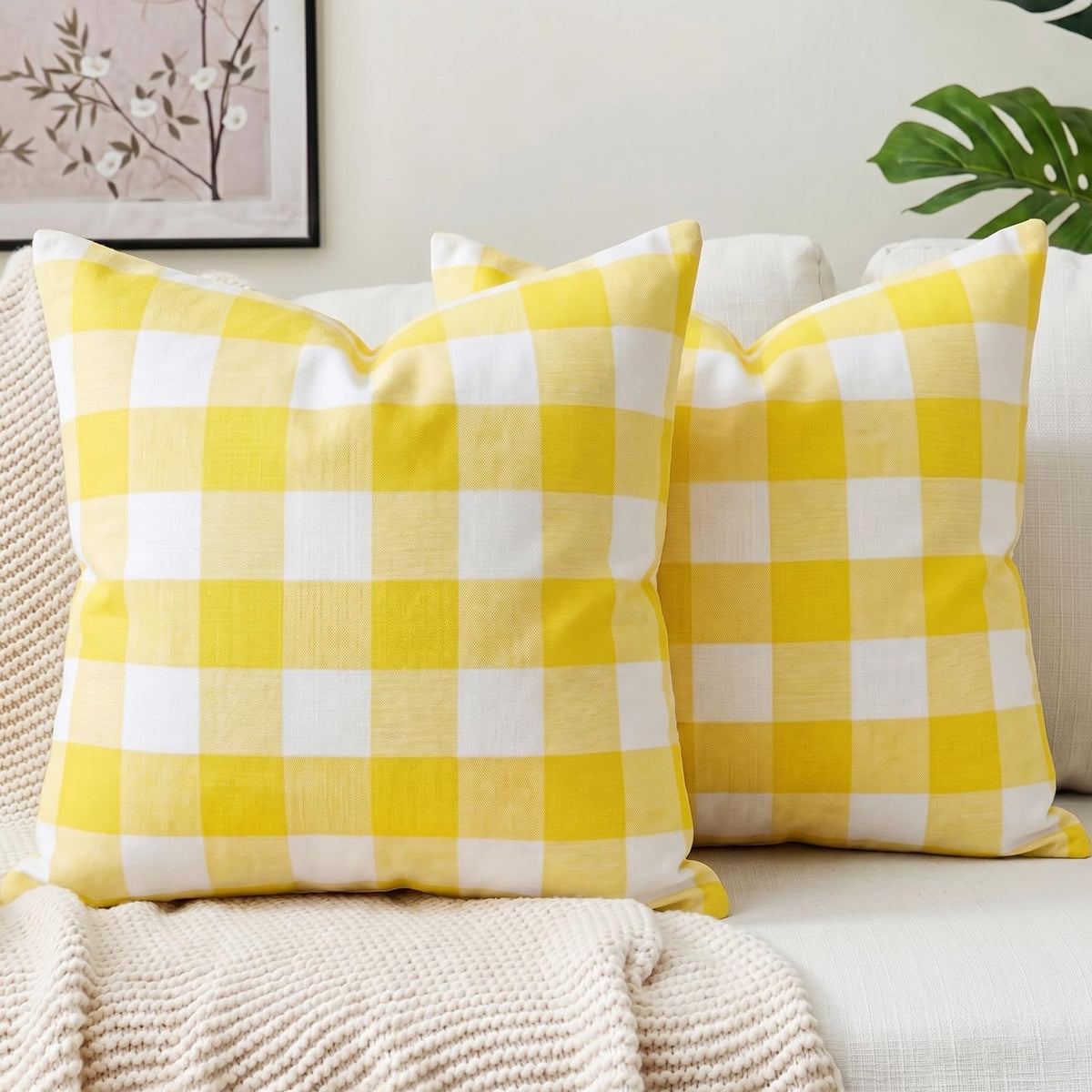 Farmhouse Brown Gingham Checkered Plaid Throw Pillow Covers 20x20 Set of 2