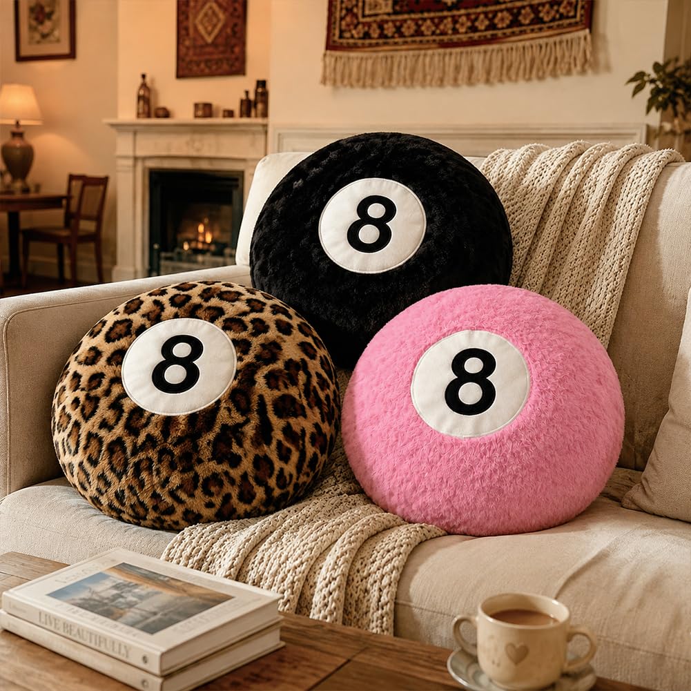 Black 8 Ball Pillow,14 inch 8 Ball Throw Pillow Soft Faux Fur Round Decorative Cushion Hugging Pillow for Home Bed, Sofa, Couch, Bedroom & Living Room