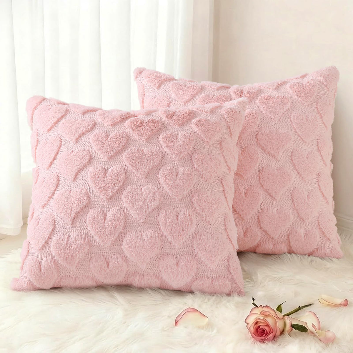 decorUhome Beige Bow Cute Girl Faux Fur Throw Pillow Covers 18x18 Set of 2