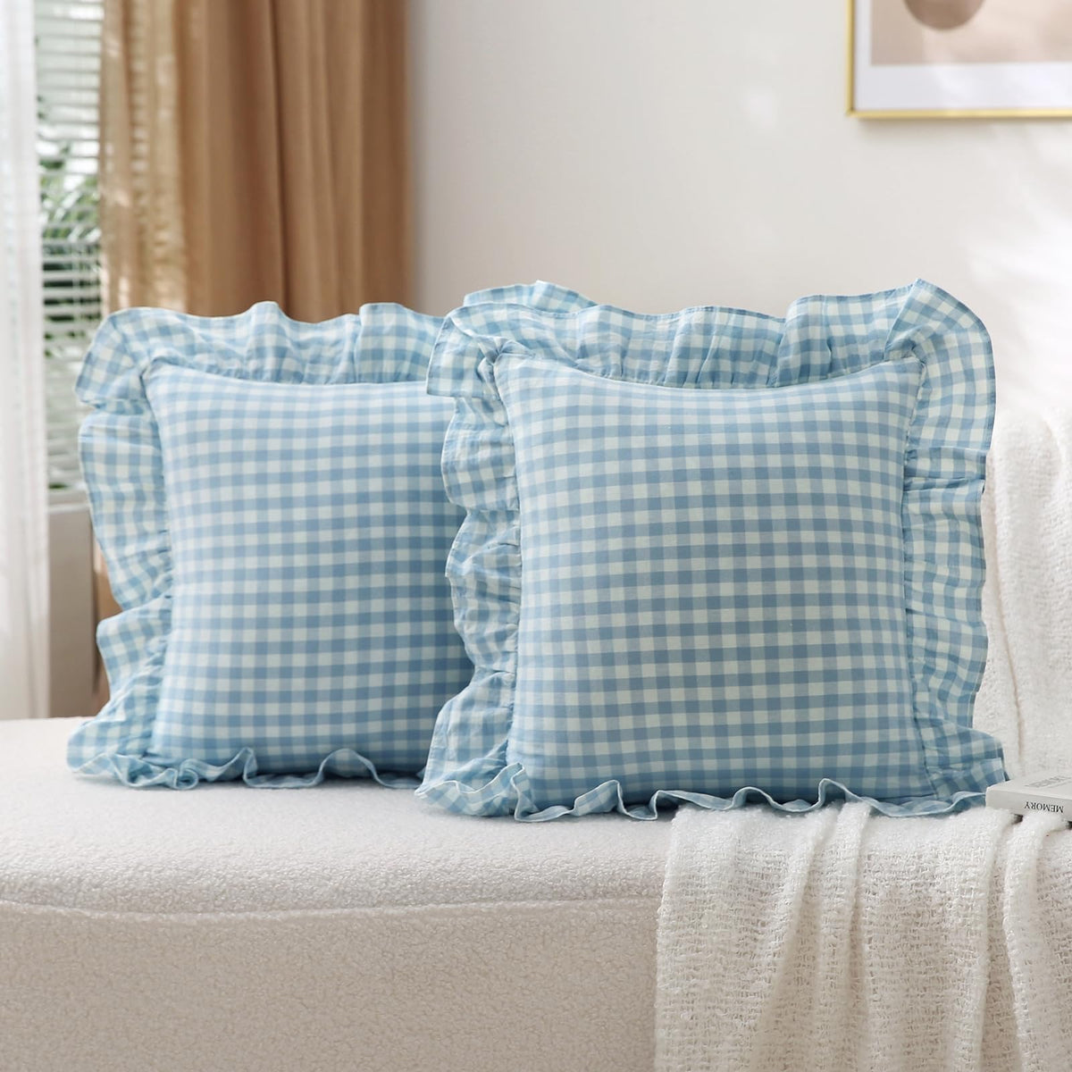 2 Pack Taupe White Gingham Ruffle Throw Pillow Covers 18''x18''