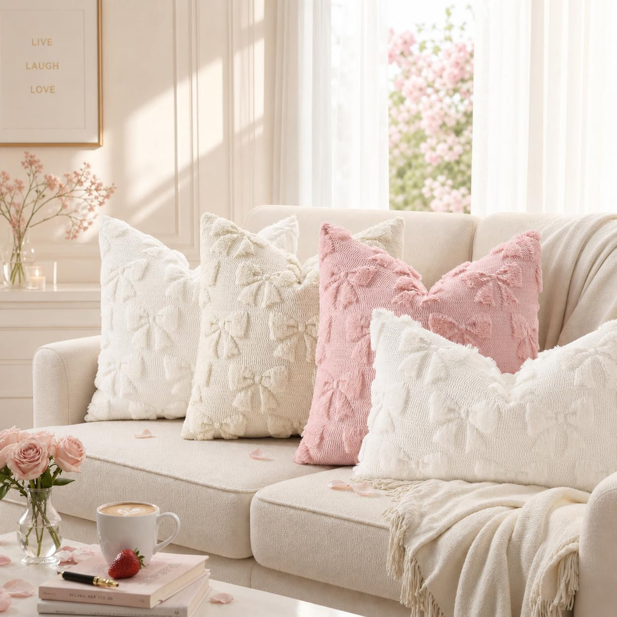 decorUhome Beige Bow Cute Girl Faux Fur Throw Pillow Covers 18x18 Set of 2