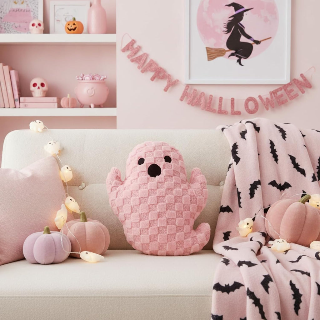 Bucherry Pink Halloween Ghost Throw Pillow Cute Plush Checkered Decor