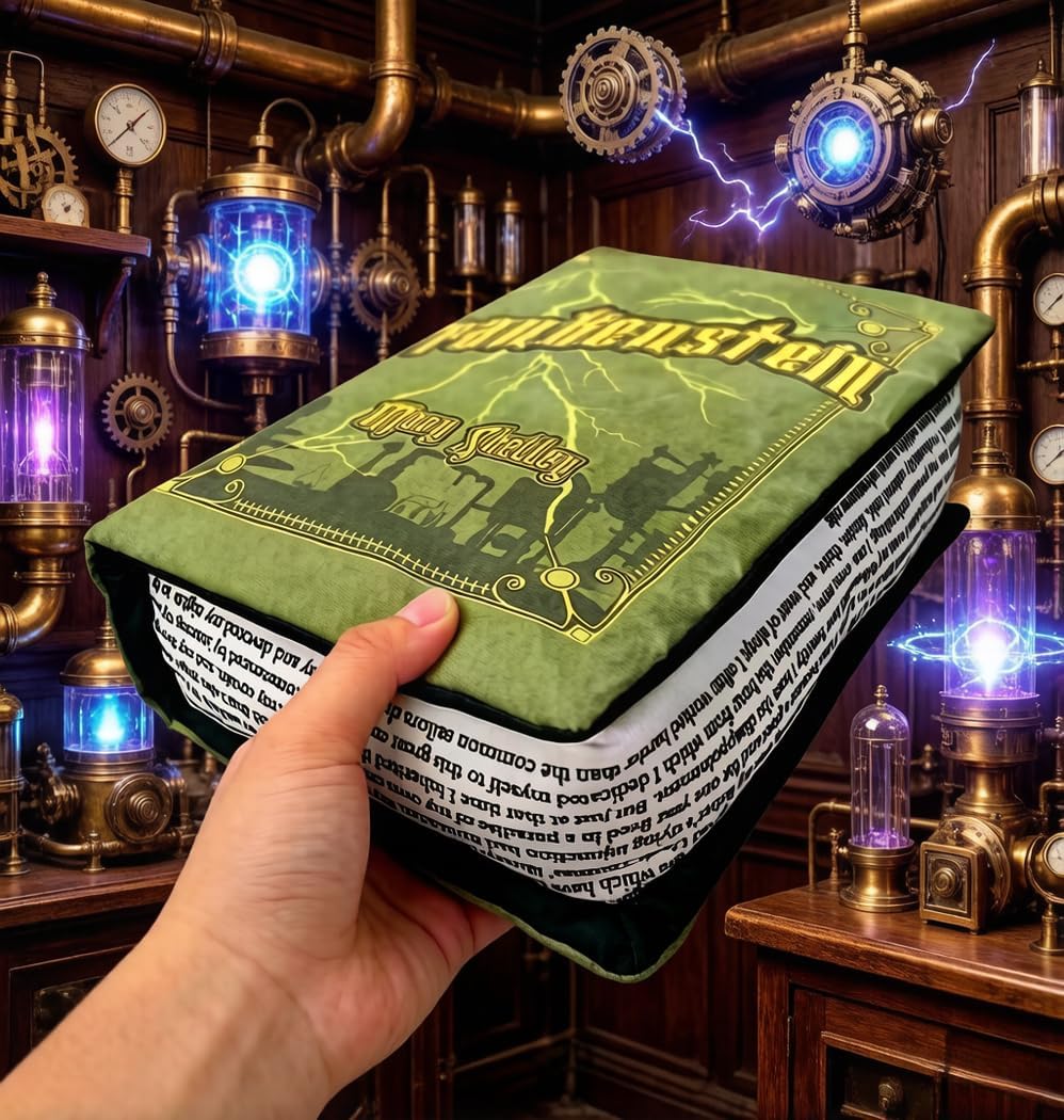 Frankenstein Book Pillow, 9-Inch Openable Memory Foam Throw Pillow, Book-Shaped Plush Cushion with Printed Page, Gothic Halloween Decor for Couch, Bed and Bookshelf, Gift for Horror Fans