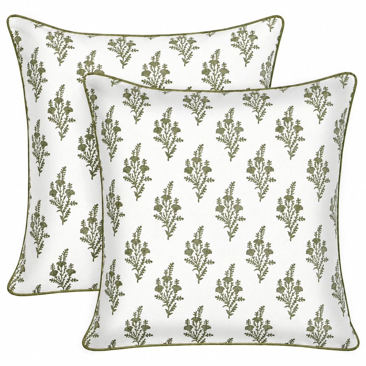 Ridhi Asparagus Green Block Print Cotton Pillow Cover 16x16 Inch Set of 2