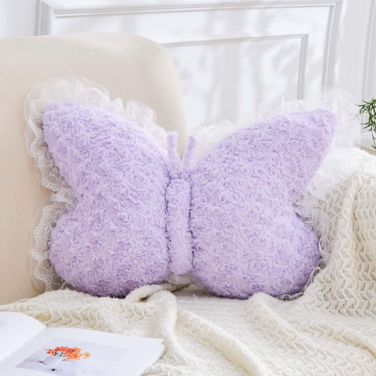 XVTRU Butterfly Pillow Decorative Pillows for Bed 15" White Cute Pillow