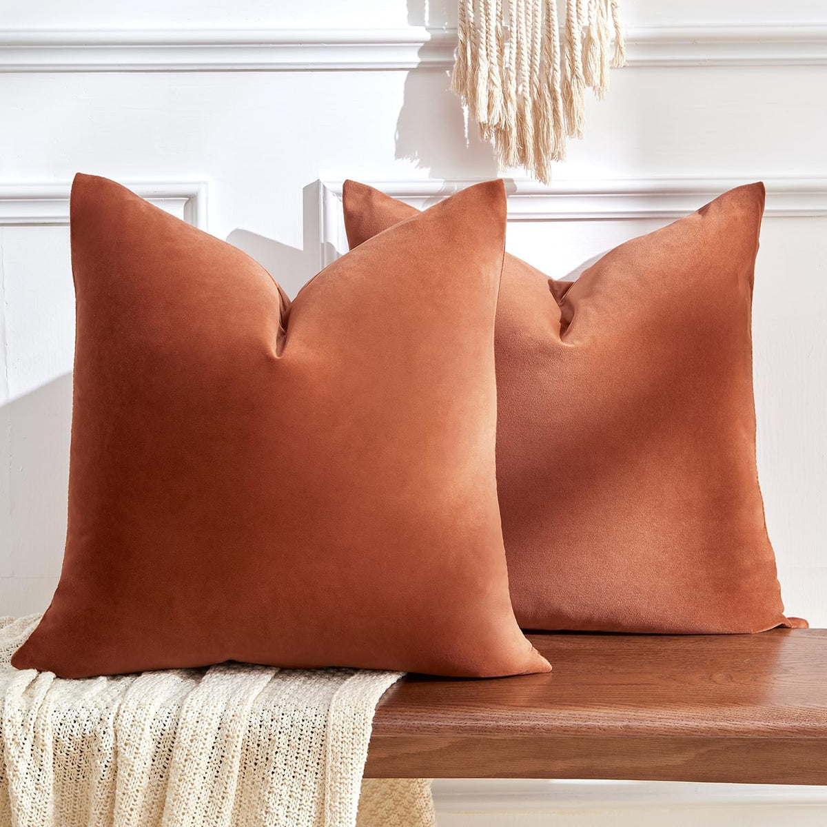 Throw Pillow Covers Rust Set of 2 18x18 Inch Pillow Covers, Soft Velvet Fall Decorative Cases for Couch Sofa Bed, Home Boho Decor, Modern Farmhouse Cushion Covers