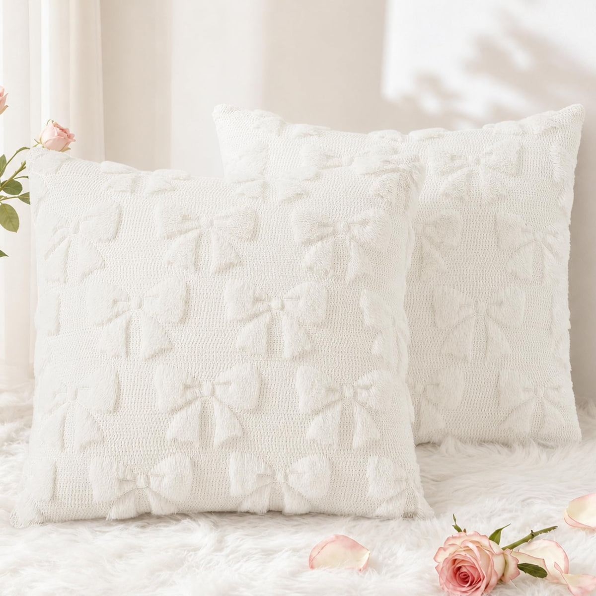 decorUhome Beige Bow Cute Girl Faux Fur Throw Pillow Covers 18x18 Set of 2
