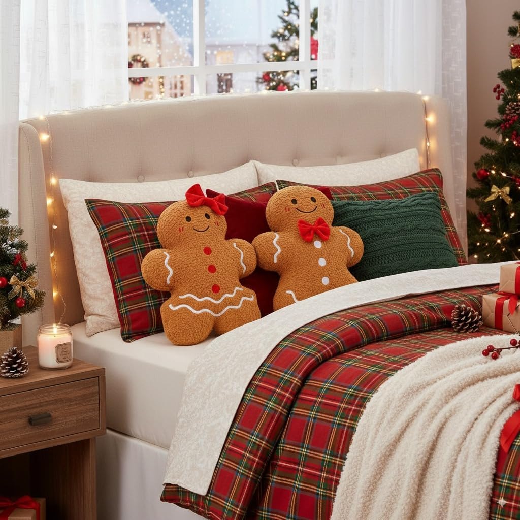 Christmas Decorations Indoor Throw Pillows: Cute Teddy Fleece Gingerbread Man Couple Christmas Pillows, Soft Stuffed Gingerbread Cushions Xmas Decor for Kids Home Sofa Bed Office Couch Living Room