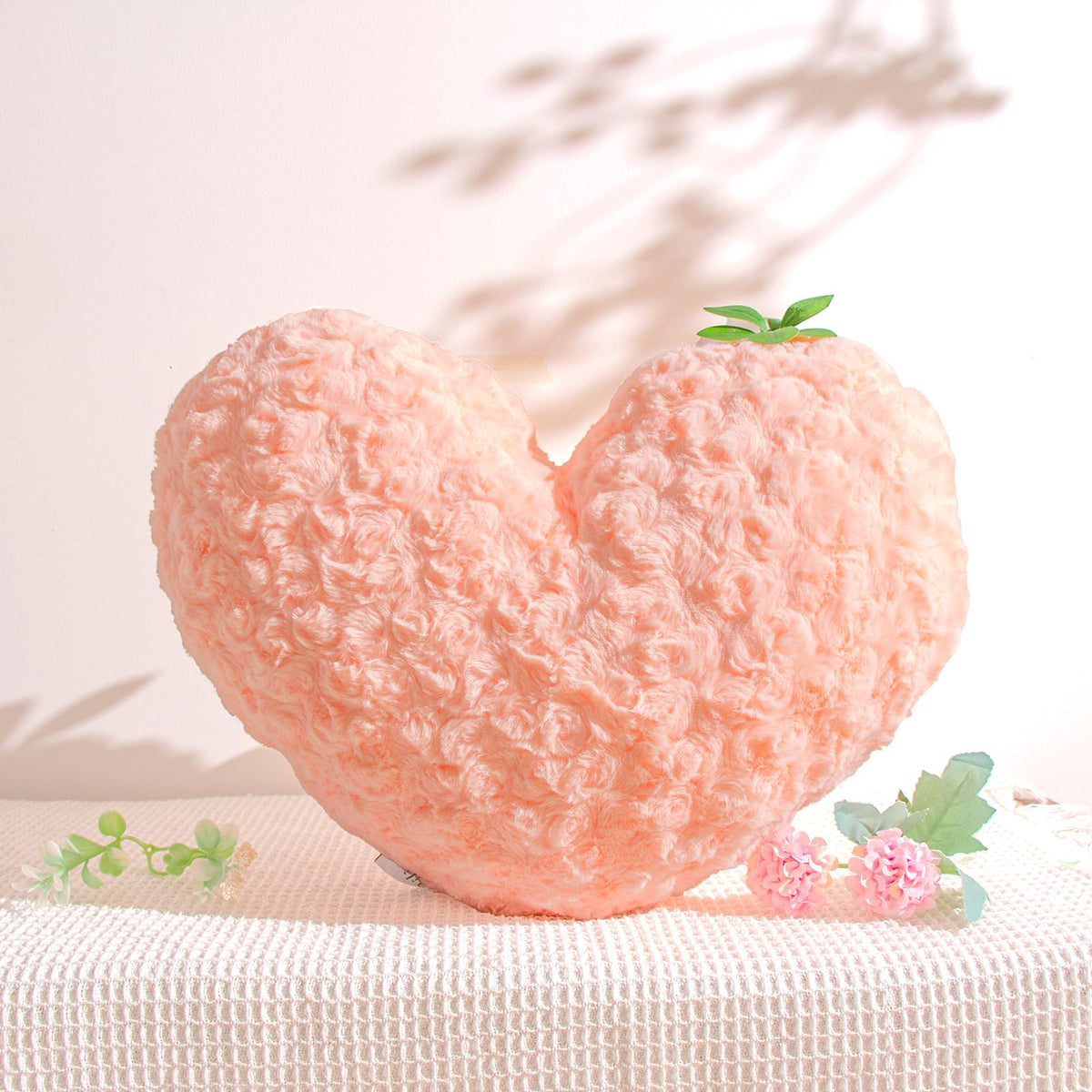 16" Creamy Pearl White Heart Pillow, Luxury 600GSM Rose Textured Faux Rabbit Fur, Super Matte Soft Aesthetic Decorative Throw Pillow for Couch Bed Sofa, Neutral Home Decor Heart Cushion