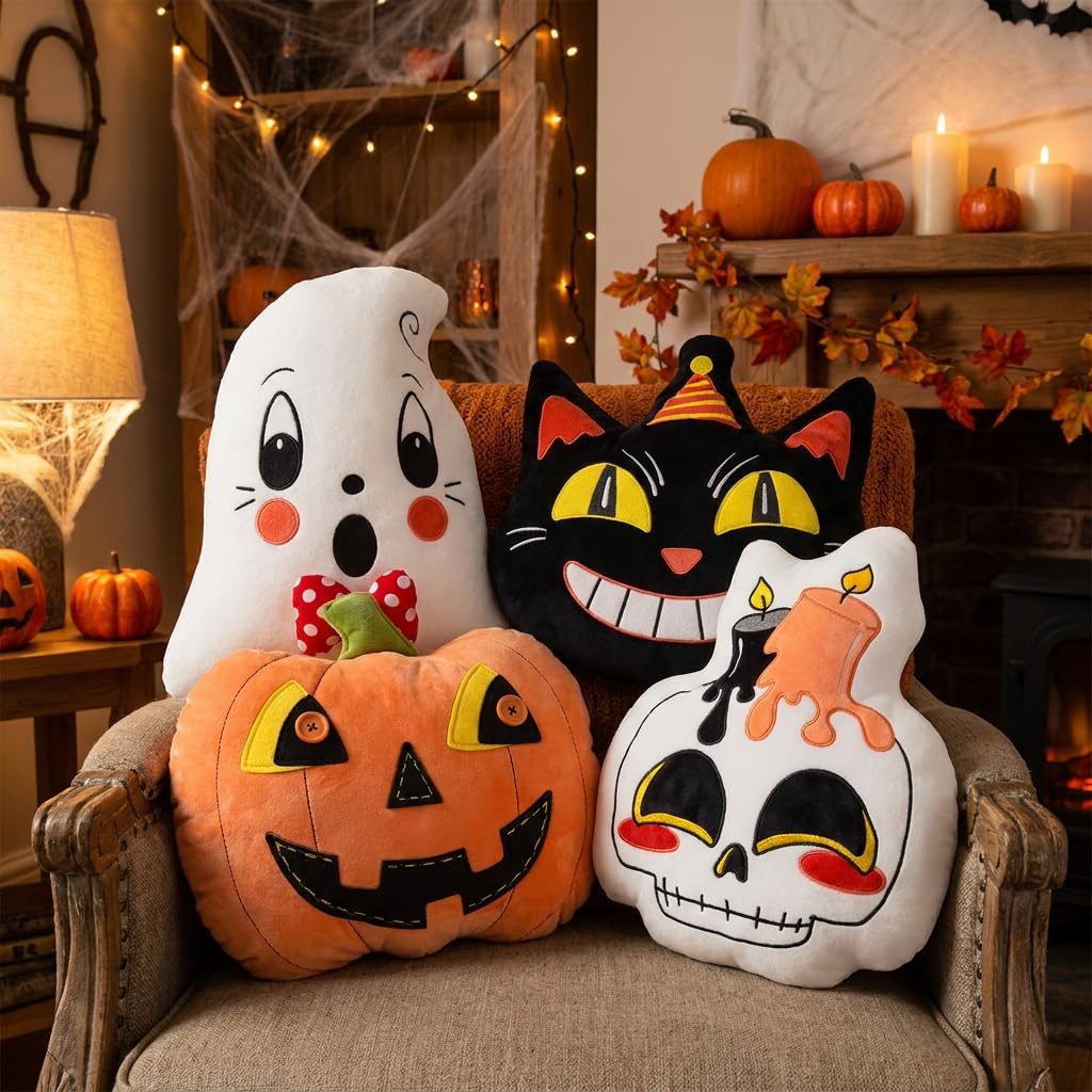 4Pcs Halloween Pillows Skeleton Ghost Black Cat Vintage Retro Traditional 90S Primitive Mummy Throw Pillows Sofa Bedroom Indoor Home Decor