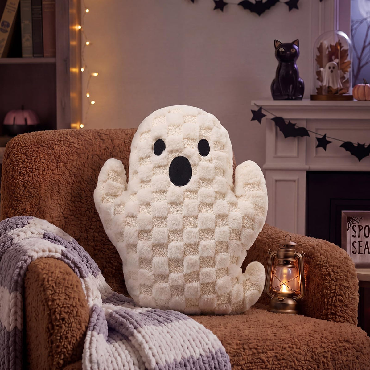 Bucherry Pink Halloween Ghost Throw Pillow Cute Plush Checkered Decor