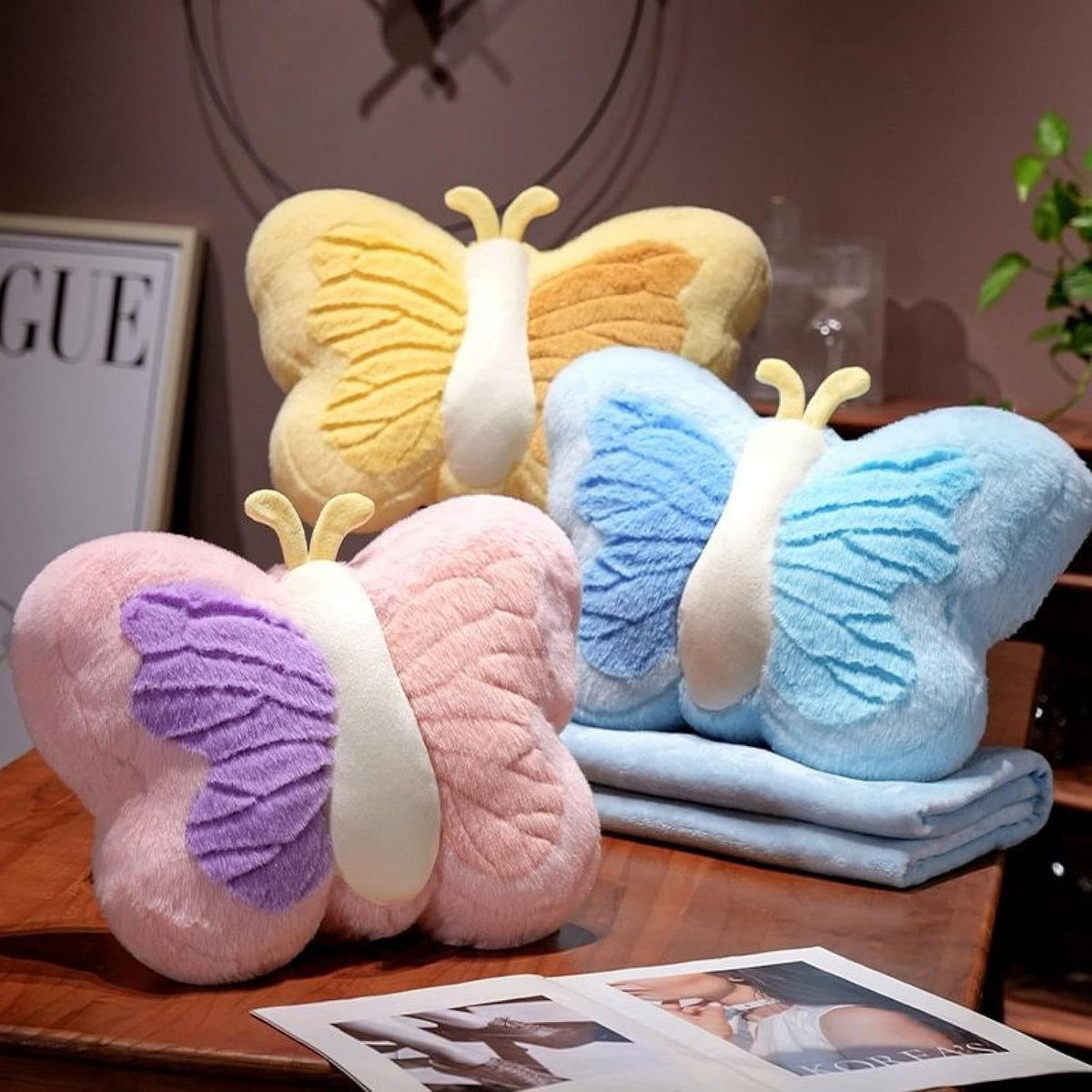 Cute Whimsical Butterfly Pillow Velvet Plush - Pink Decor Accent Cushion for Sofa, Dorm & Living Room, Gift for Throw Pillow Teens Room(Blue)