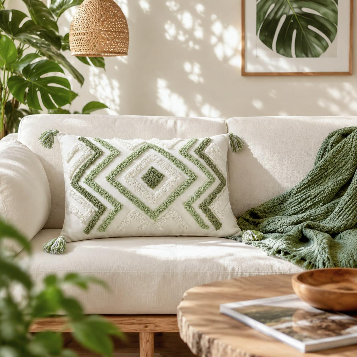Boho Sofa Throw Pillow Covers – Exquisitely Crafted with Hand-Finished Tuft with Thick Cotton Tassel Details – Soft & Stylish Moroccan Decorative, 18x18inch (Spring Ruched)