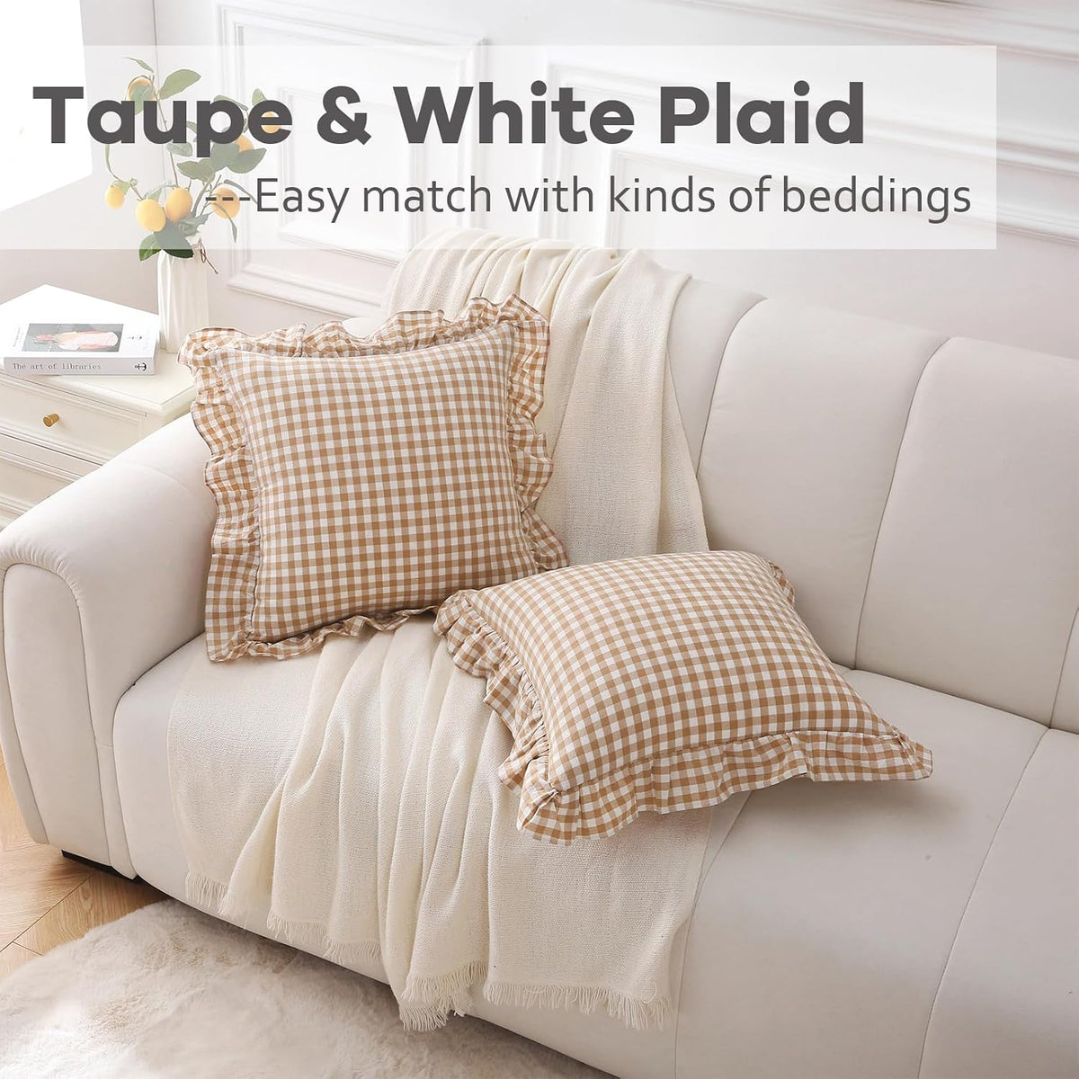 2 Pack Taupe White Gingham Ruffle Throw Pillow Covers 18''x18''