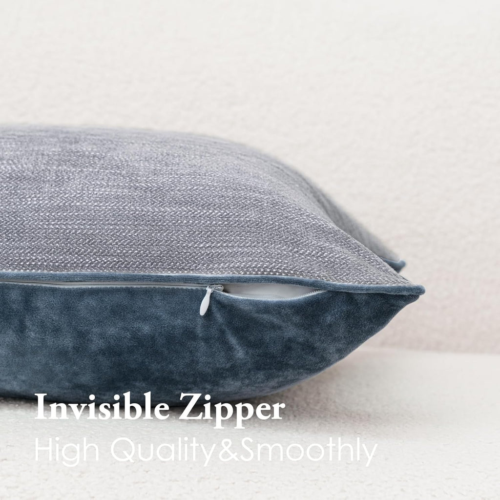 MATTINS Dusty Blue Cotton Throw Pillow Covers 22x22 Set of 2, Solid Decorative Pillow Covers with Chenille Texture and Velvet Back, Neutral Farmhouse Cushion Covers for Sofa Couch Bedroom