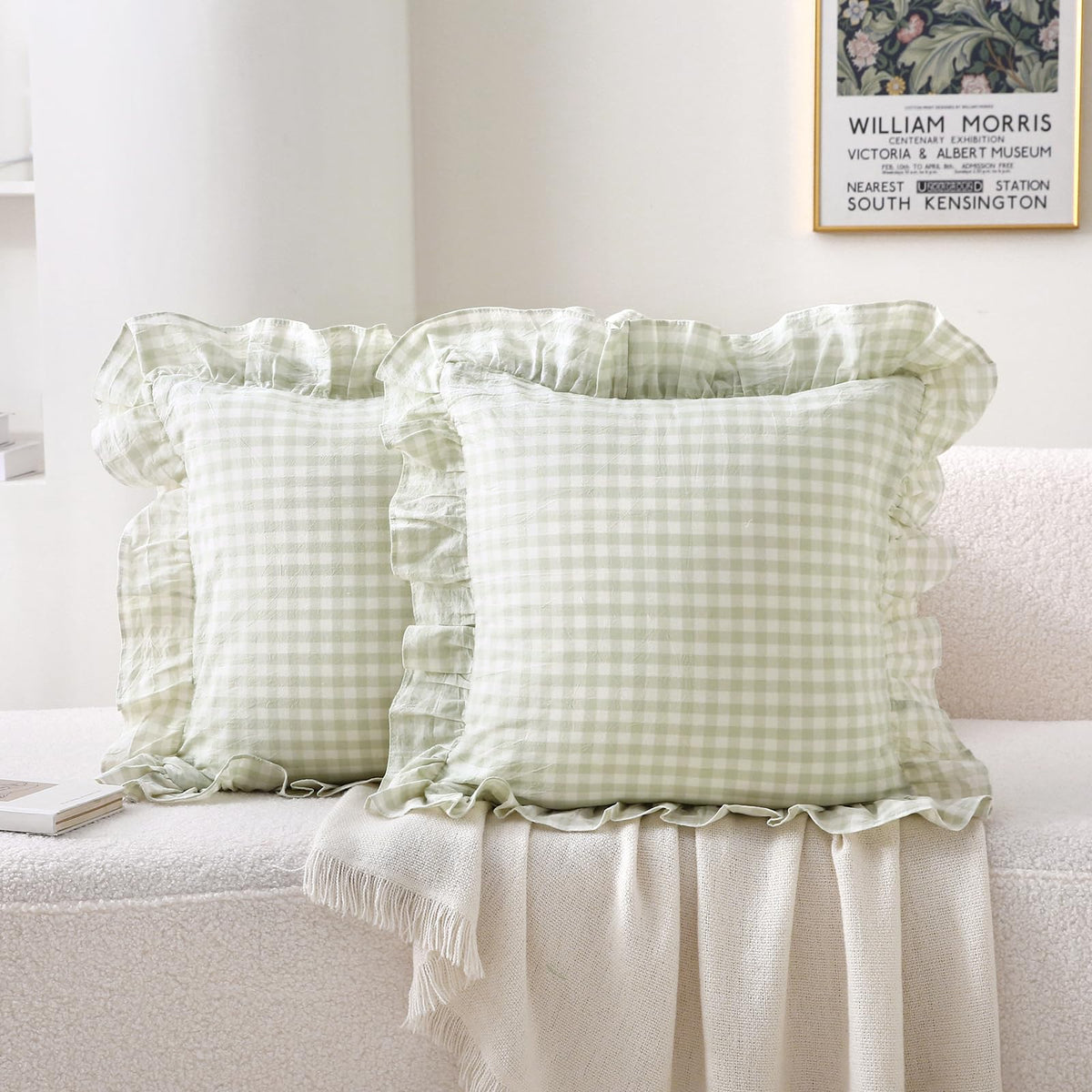 2 Pack Taupe White Gingham Ruffle Throw Pillow Covers 18''x18''