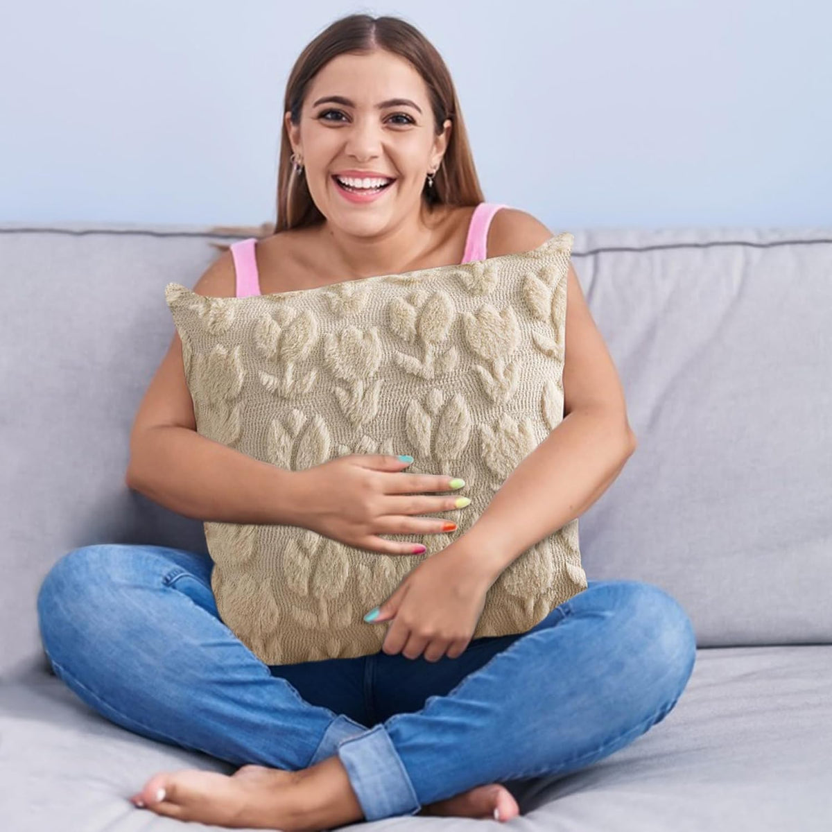 Starella Beige Decorative Pillow Cover 18"x18" Tulip Throw Pillow Cases Plush 2 Pack Cushion Covers for Couch Sofa Chair Home Living Bed Room Decor